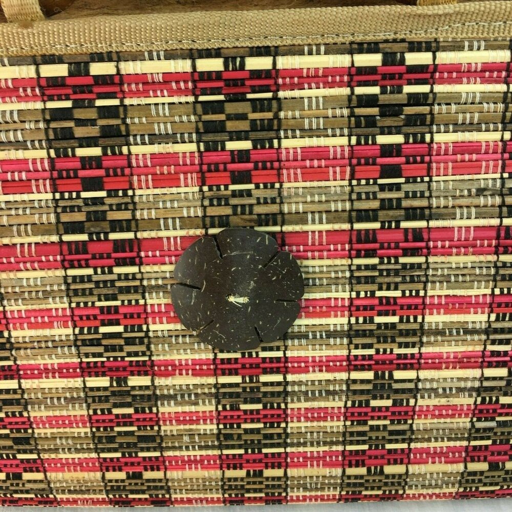 Mid Century Modern Handmade Purse Woven Straw Wood u Lined Wood Handle MCM u - Picture 2 of 11